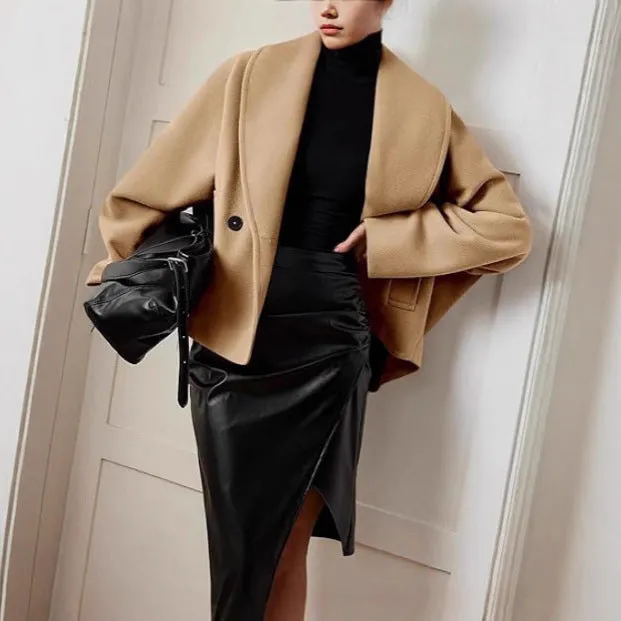 Double-breasted stand collar batwing sleeve solid colour polyester coat for petite, apricot, front view
