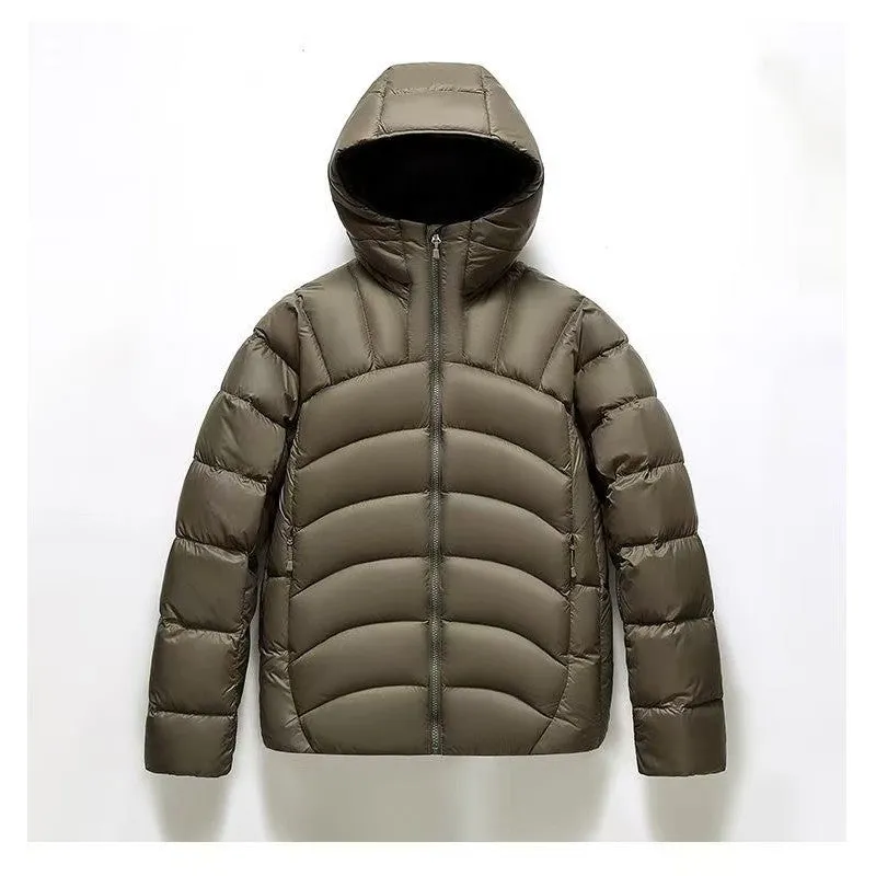 Unisex hooded down jacket in black, solid colour winter coat with ribbed cuffs and high down filling