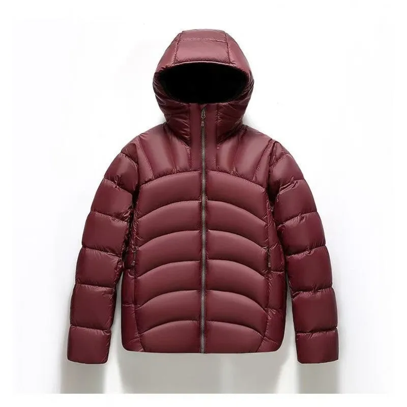 Unisex hooded down jacket in black, solid colour winter coat with ribbed cuffs and high down filling