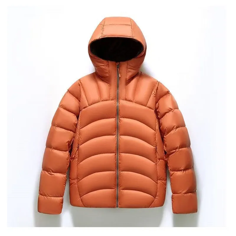 Unisex hooded down jacket in black, solid colour winter coat with ribbed cuffs and high down filling