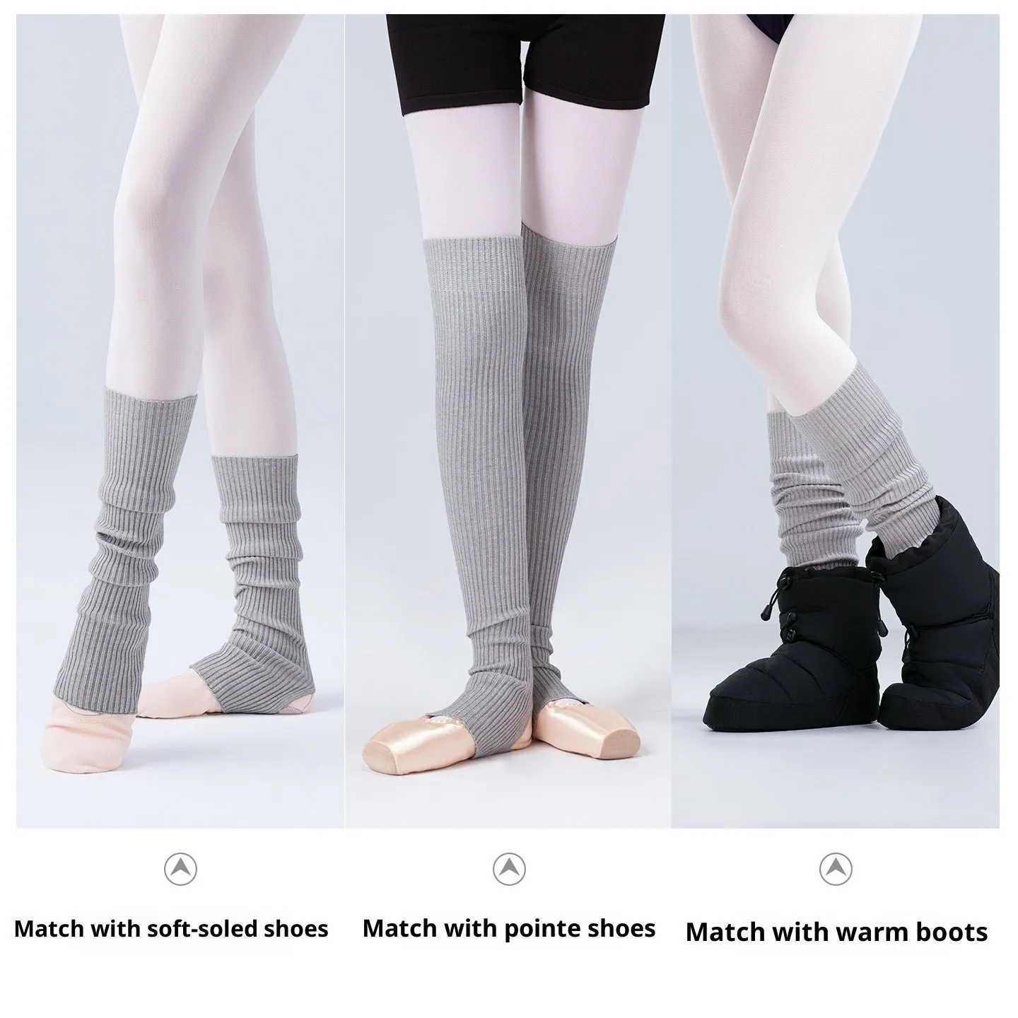 Solid colour viscose over-the-knee leg warmers in gray, pink, and black short and long lengths