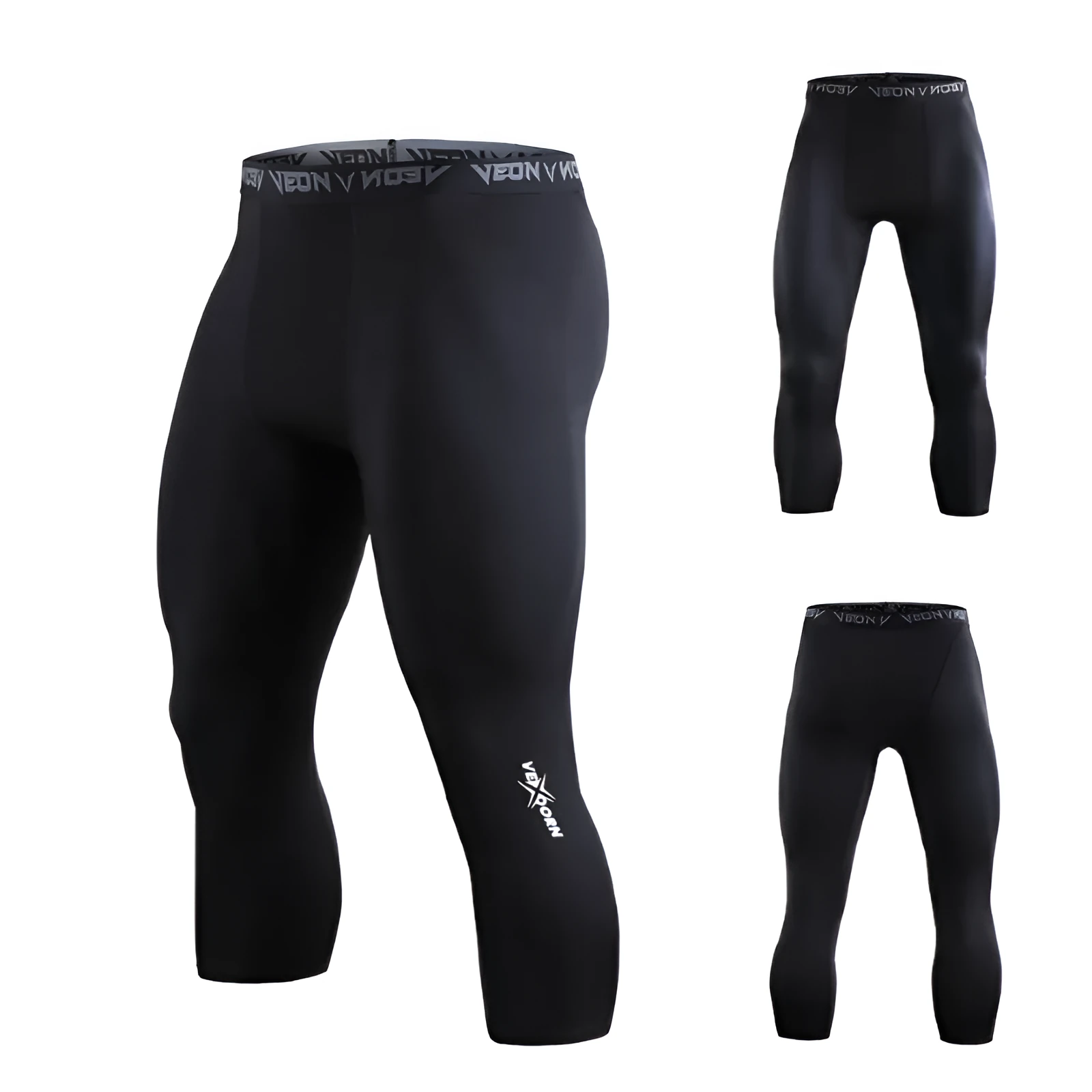 Men's black high elasticity compression fitness pants with drawstring closure side view