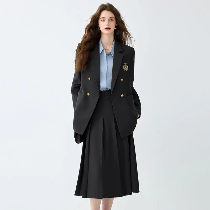 Women's black casual blazer set with long sleeves, solid colour polyester fabric, and matching trousers