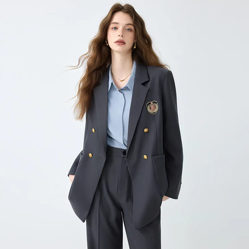 Women's black casual blazer set with long sleeves, solid colour polyester fabric, and matching trousers