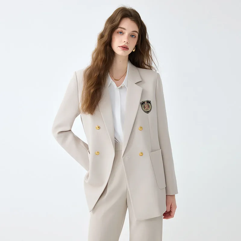Women's black casual blazer set with long sleeves, solid colour polyester fabric, and matching trousers