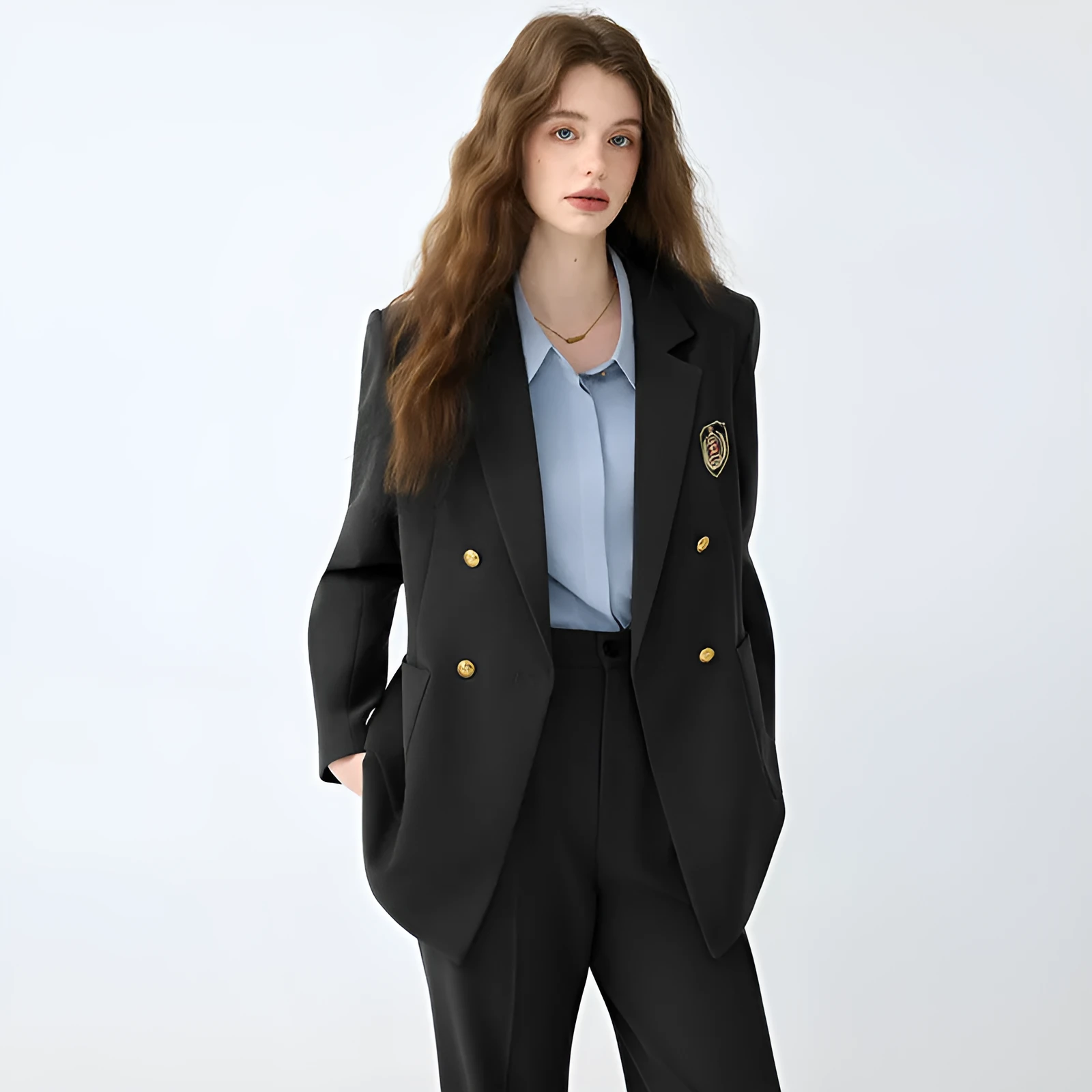Women's black casual blazer set with long sleeves, solid colour polyester fabric, and matching trousers