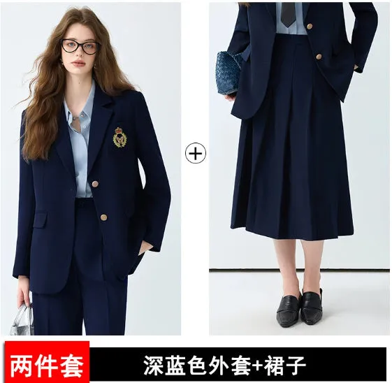 Women's black casual blazer set with long sleeves, solid colour polyester fabric, and matching trousers