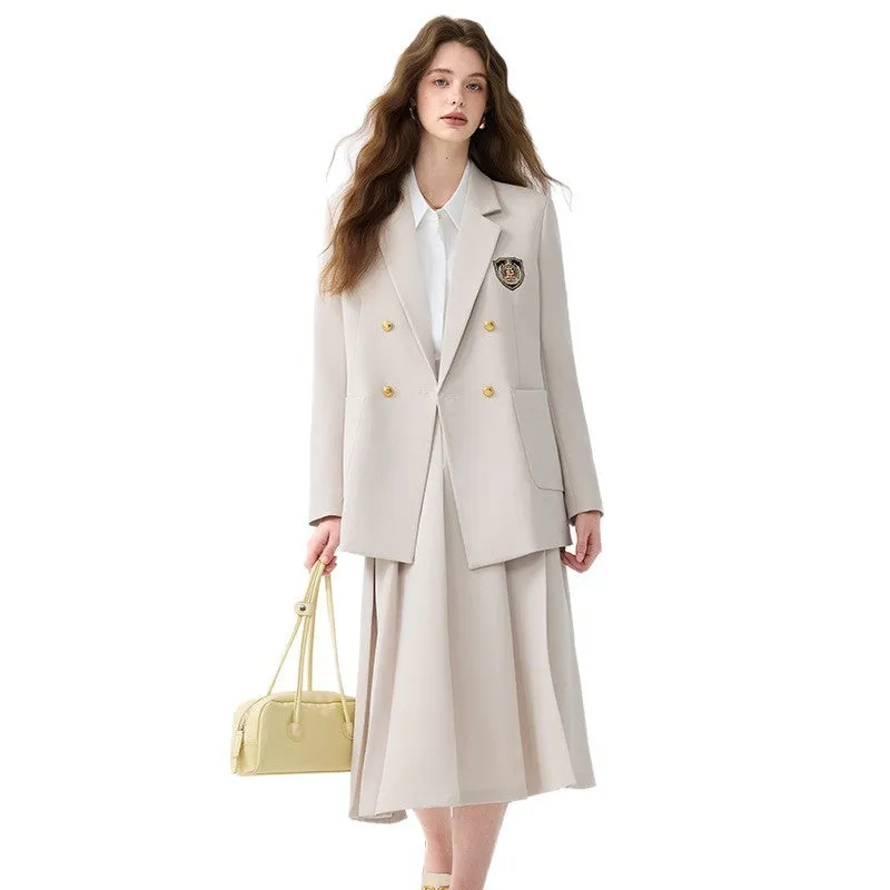 Women's black casual blazer set with long sleeves, solid colour polyester fabric, and matching trousers