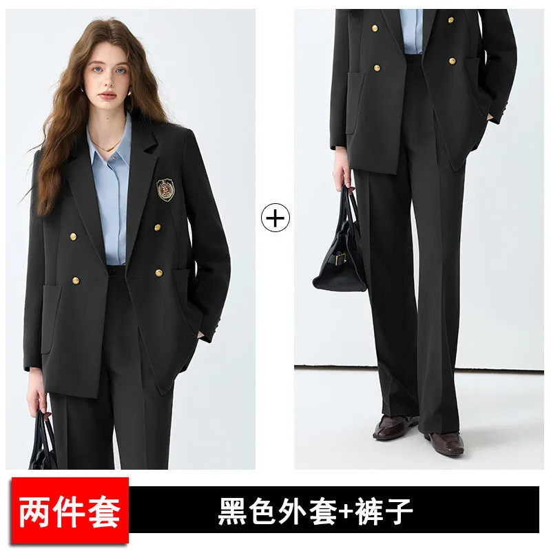 Women's black casual blazer set with long sleeves, solid colour polyester fabric, and matching trousers