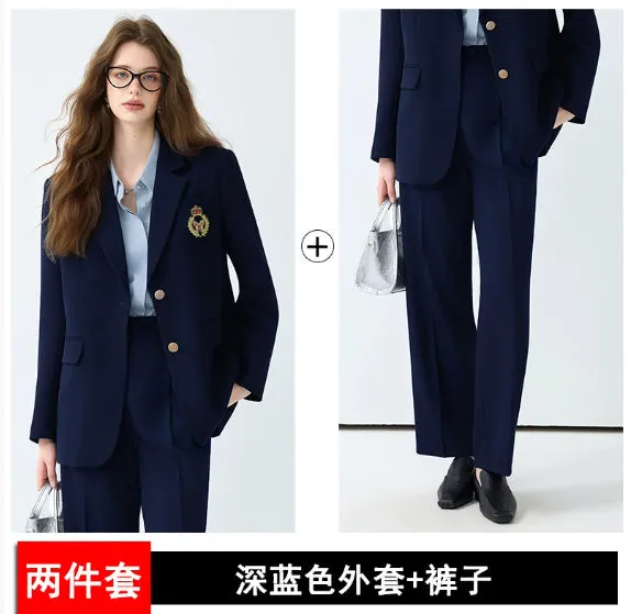 Women's black casual blazer set with long sleeves, solid colour polyester fabric, and matching trousers