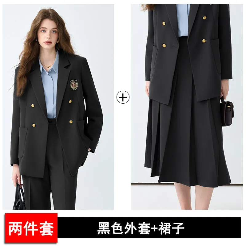 Women's black casual blazer set with long sleeves, solid colour polyester fabric, and matching trousers