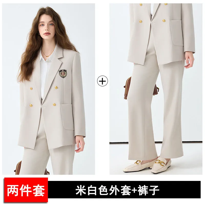 Women's black casual blazer set with long sleeves, solid colour polyester fabric, and matching trousers