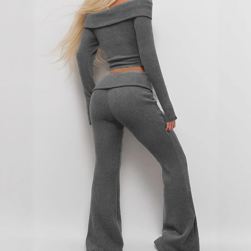 Women's solid gray off-shoulder knitted polyester long sleeve top and flared pants set