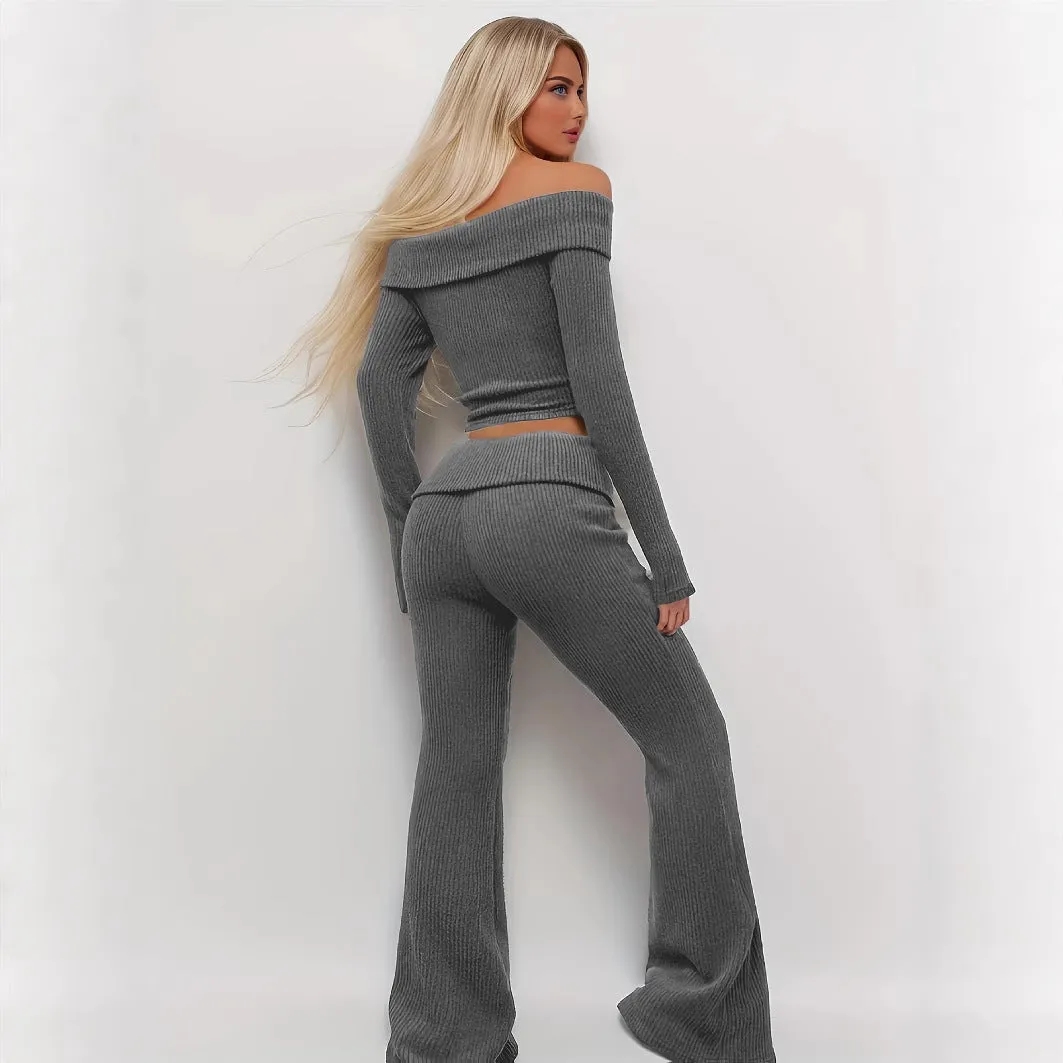 Women's solid gray off-shoulder knitted polyester long sleeve top and flared pants set