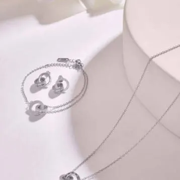 Women's Titanium Steel Double Ring Necklace Stainless Steel O-Link Chain Versatile Steel Grey Electroplated Finish 21-50cm Adjustable Circumference