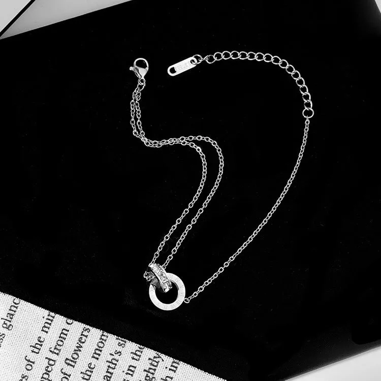 Women's Titanium Steel Double Ring Necklace Stainless Steel O-Link Chain Versatile Steel Grey Electroplated Finish 21-50cm Adjustable Circumference
