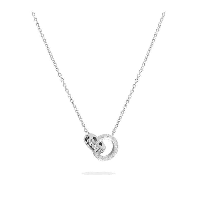 Women's Titanium Steel Double Ring Necklace Stainless Steel O-Link Chain Versatile Steel Grey Electroplated Finish 21-50cm Adjustable Circumference