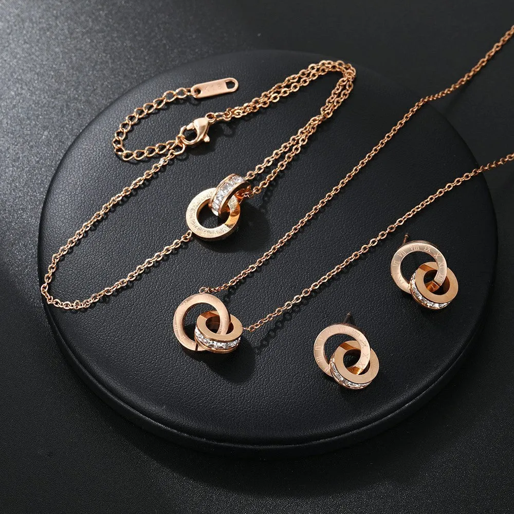 Women's Titanium Steel Double Ring Necklace Stainless Steel O-Link Chain Versatile Steel Grey Electroplated Finish 21-50cm Adjustable Circumference