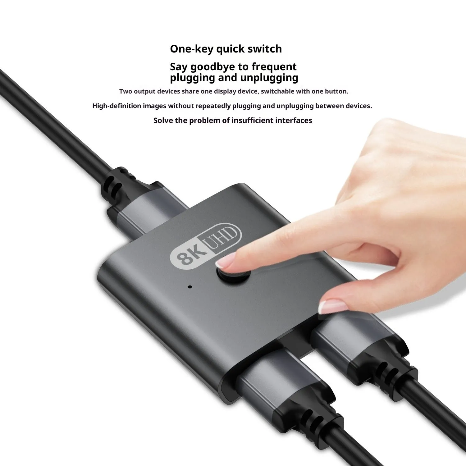 AB two-in-one-out bidirectional switcher supporting 4K and 8K resolution with split screen and 5-metre cable