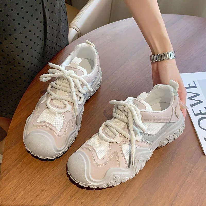 Women's casual mesh board shoes in beige with artificial PU upper and front lacing