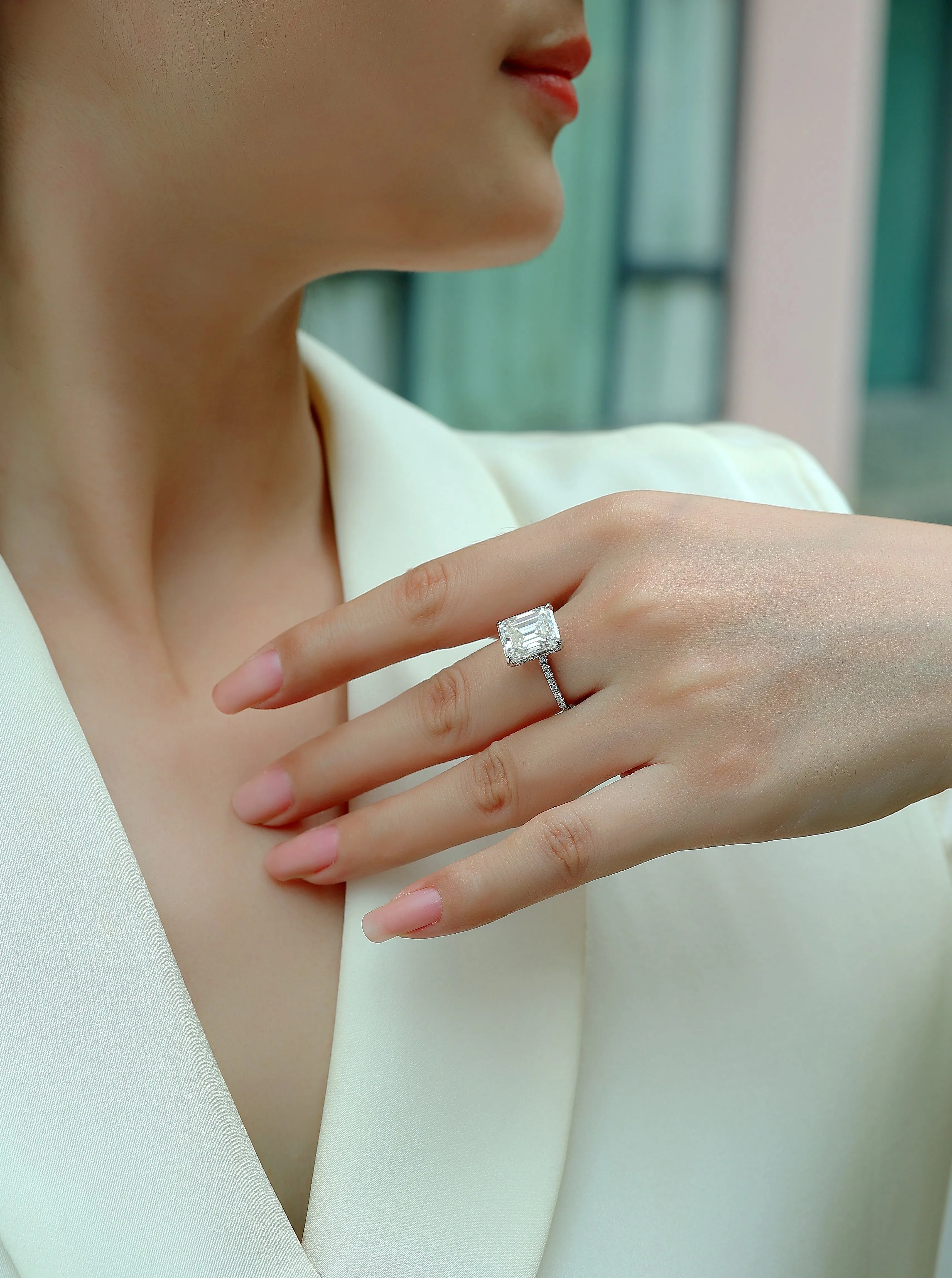 Octagonal moissanite wedding ring set on S925 silver band with platinum plating, size 7, gift box packaging