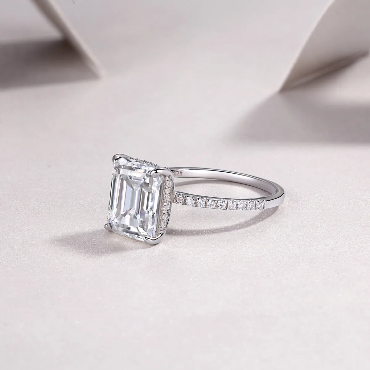 Octagonal moissanite wedding ring set on S925 silver band with platinum plating, size 7, gift box packaging