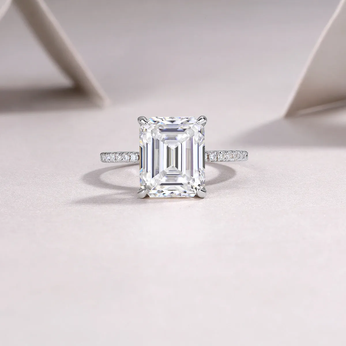 Octagonal moissanite wedding ring set on S925 silver band with platinum plating, size 7, gift box packaging
