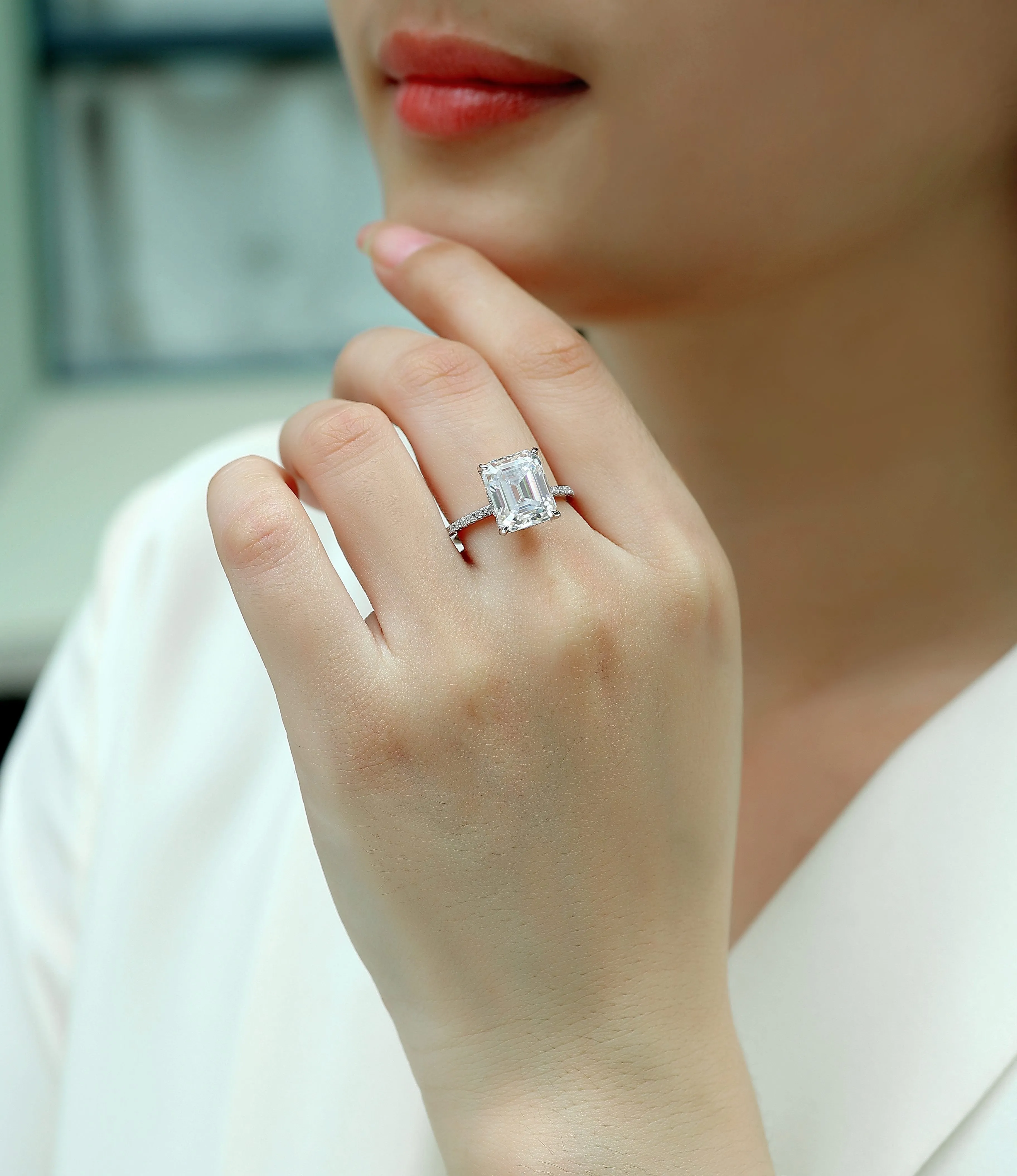Octagonal moissanite wedding ring set on S925 silver band with platinum plating, size 7, gift box packaging