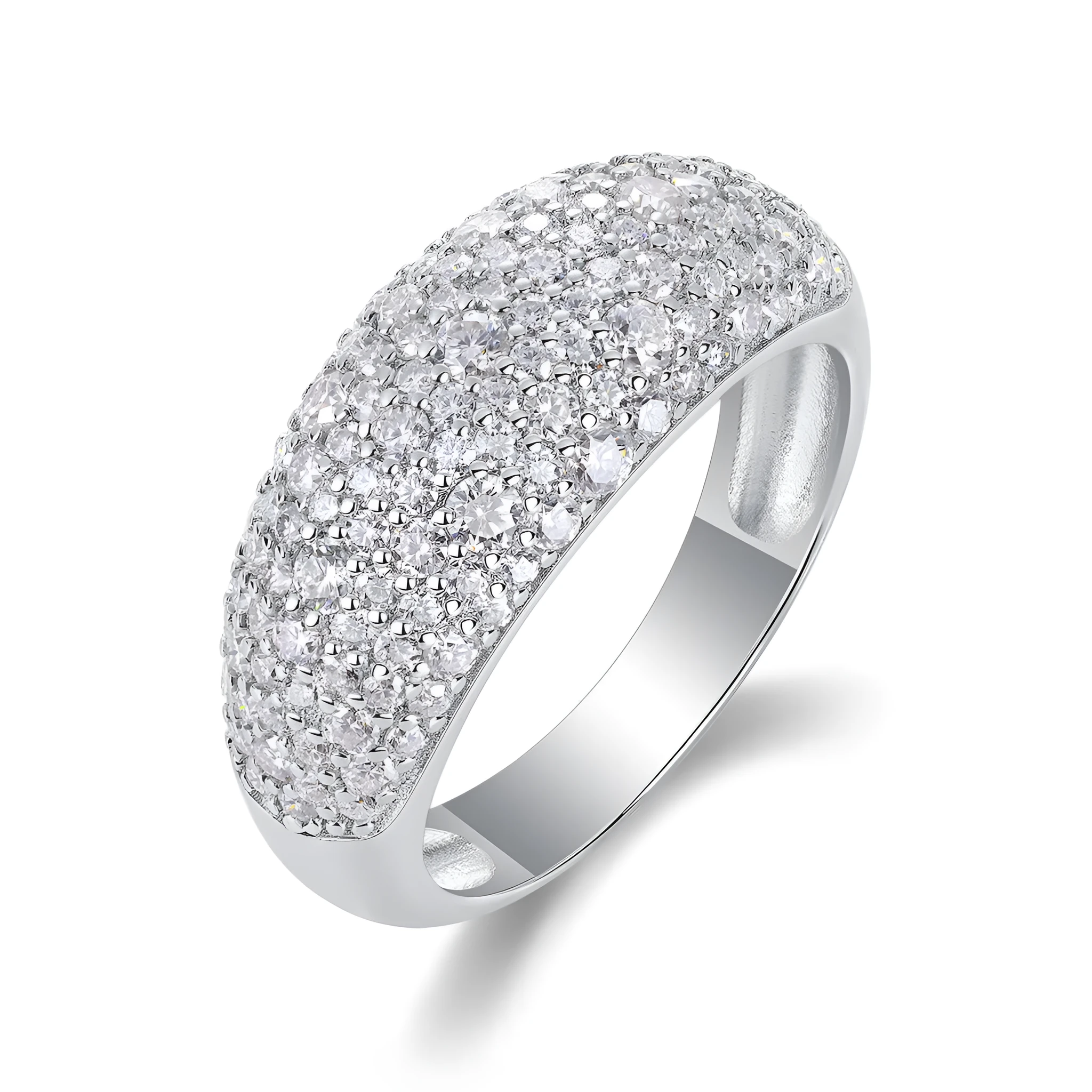 Moissanite wedding ring set in S925 silver with platinum plating, starry night design, on a white background