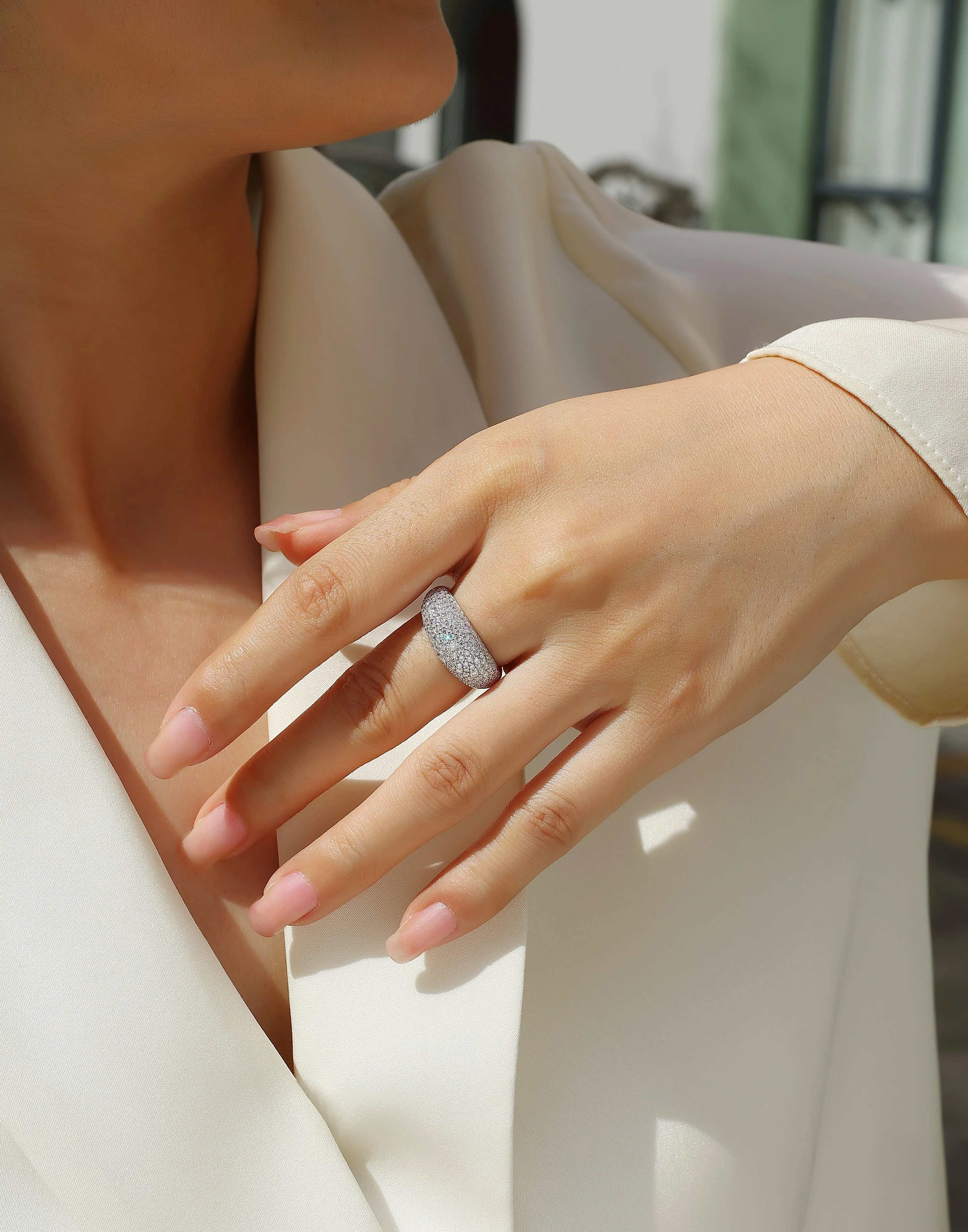 Moissanite wedding ring set in S925 silver with platinum plating, starry night design, on a white background