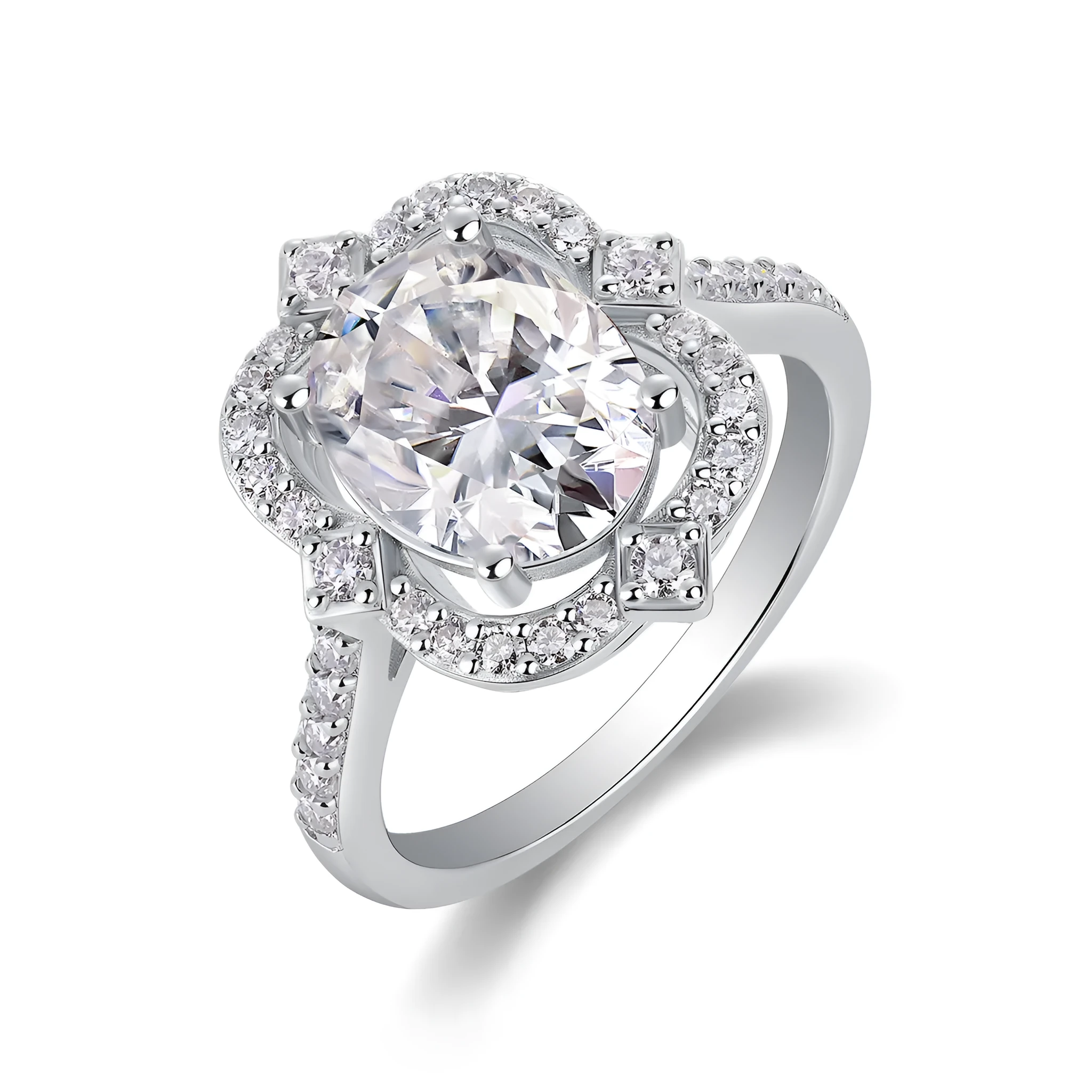Egg-shaped moissanite ring set with S925 silver and platinum plating on a white surface