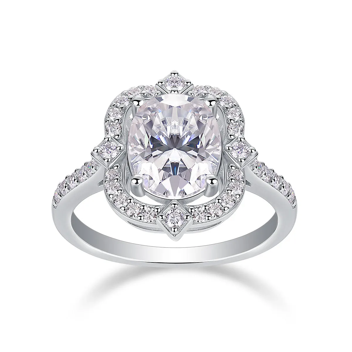Egg-shaped moissanite ring set with S925 silver and platinum plating on a white surface