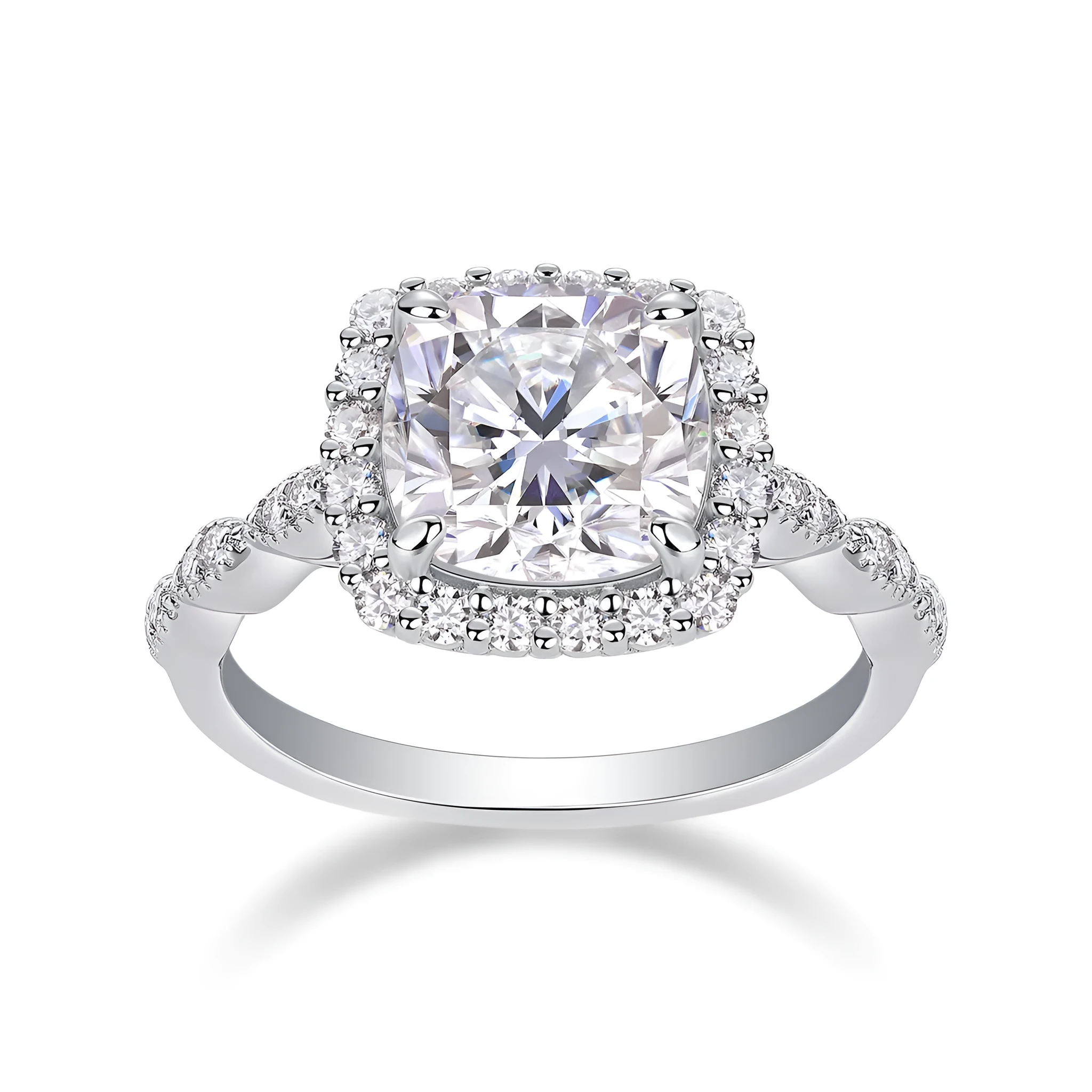 Square moissanite wedding ring, platinum plated S925 silver, 8.5mm stone, in gift box with GRA certificate