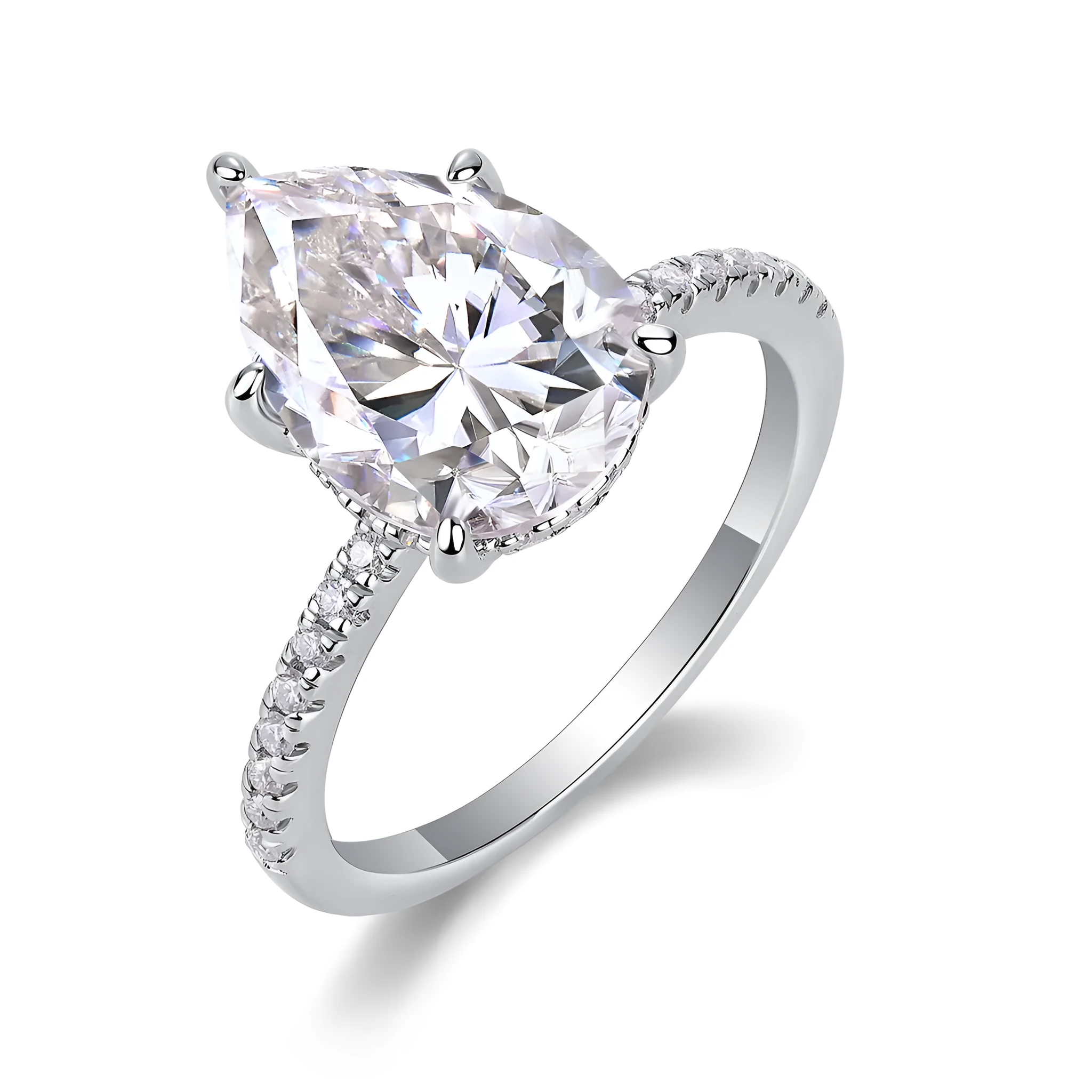 Light And Shadow wedding ring set with pear-shaped moissanite 9x13mm on silver platinum-plated band