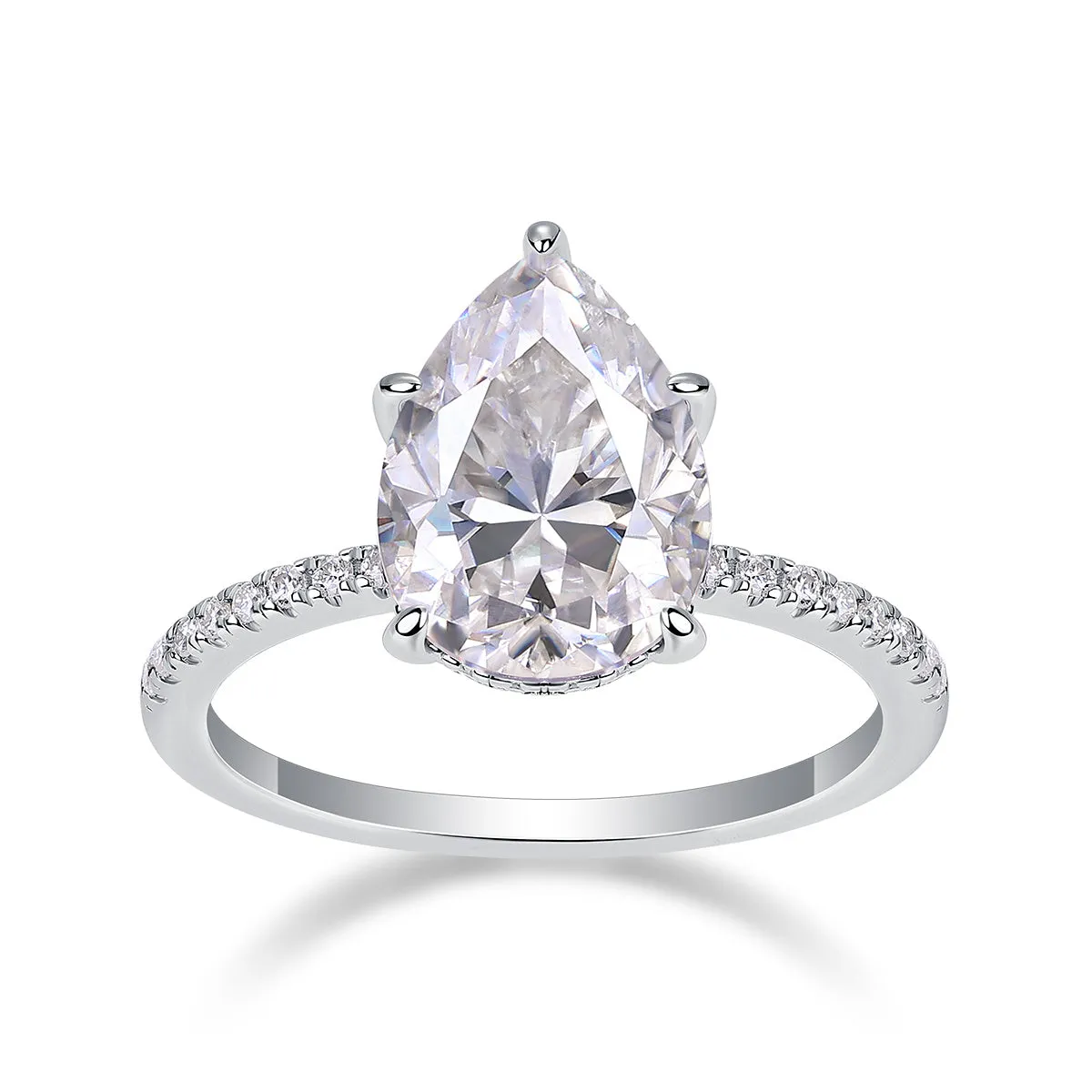 Light And Shadow wedding ring set with pear-shaped moissanite 9x13mm on silver platinum-plated band