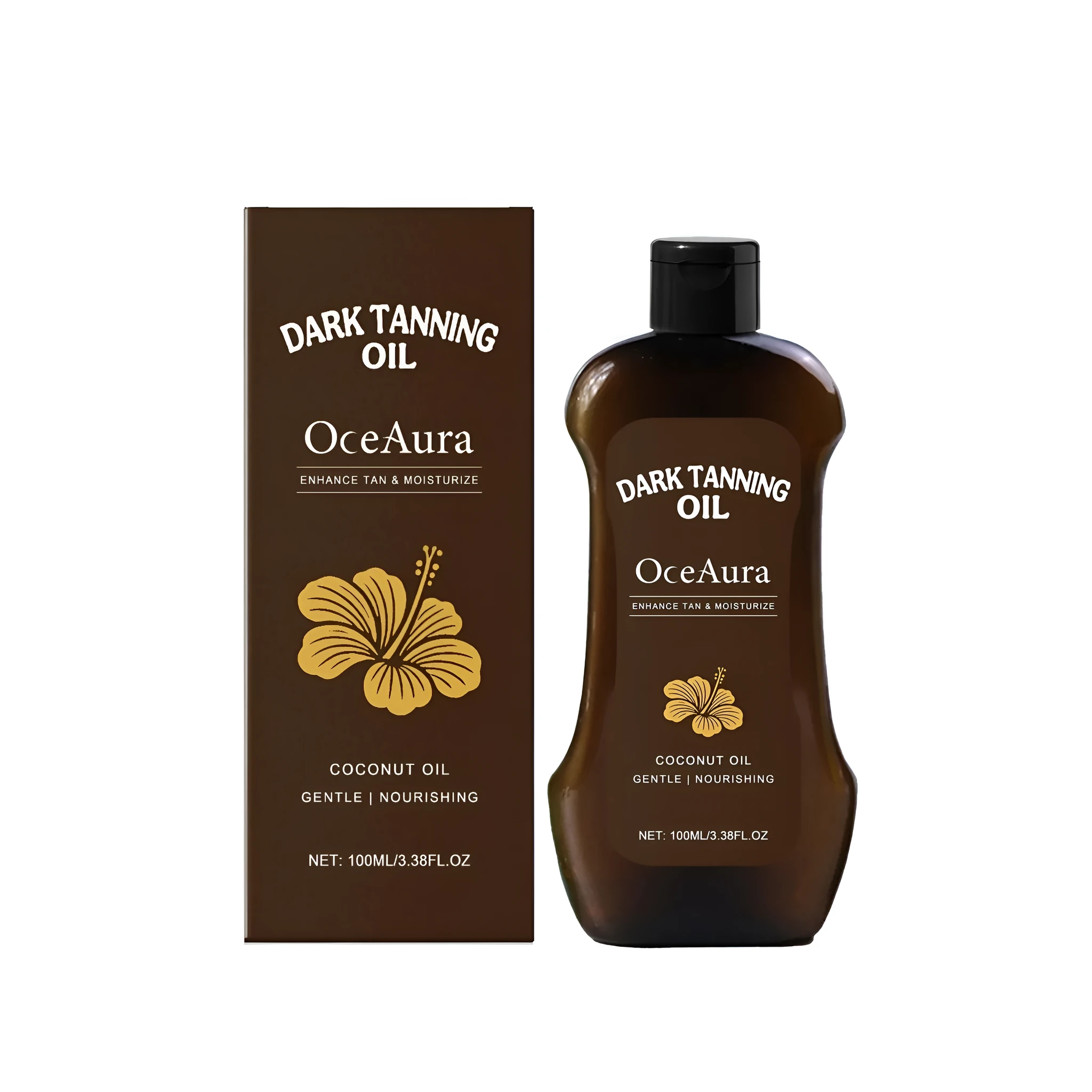 100ml bottle of dark tanning oil with coconut oil and vitamin E formulation