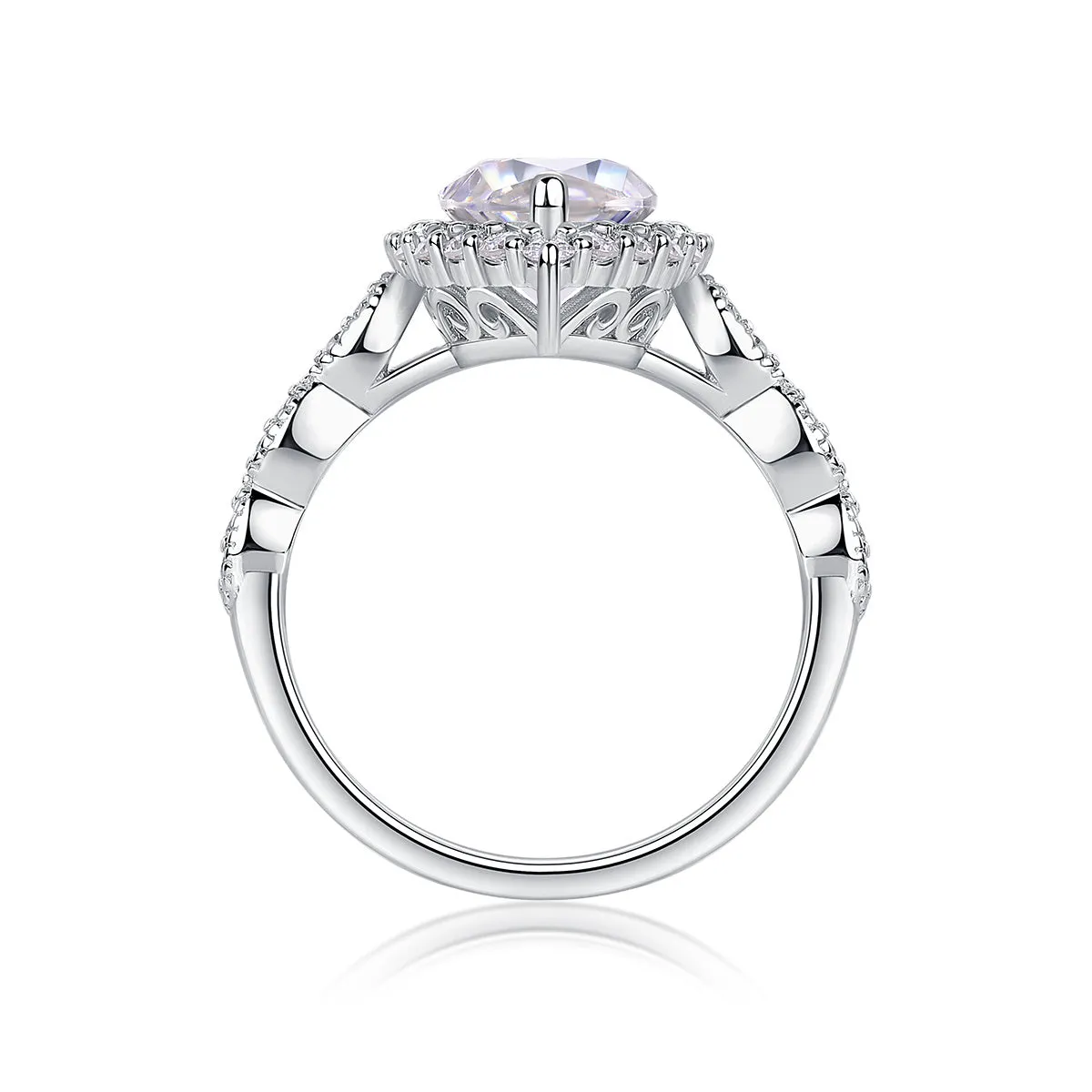 Heartbeat Mirror moissanite wedding ring set in platinum plated S925 silver, horse eye shape, gift box packaging