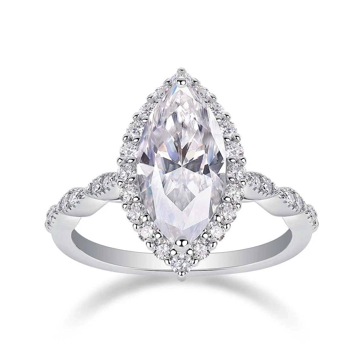 Heartbeat Mirror moissanite wedding ring set in platinum plated S925 silver, horse eye shape, gift box packaging
