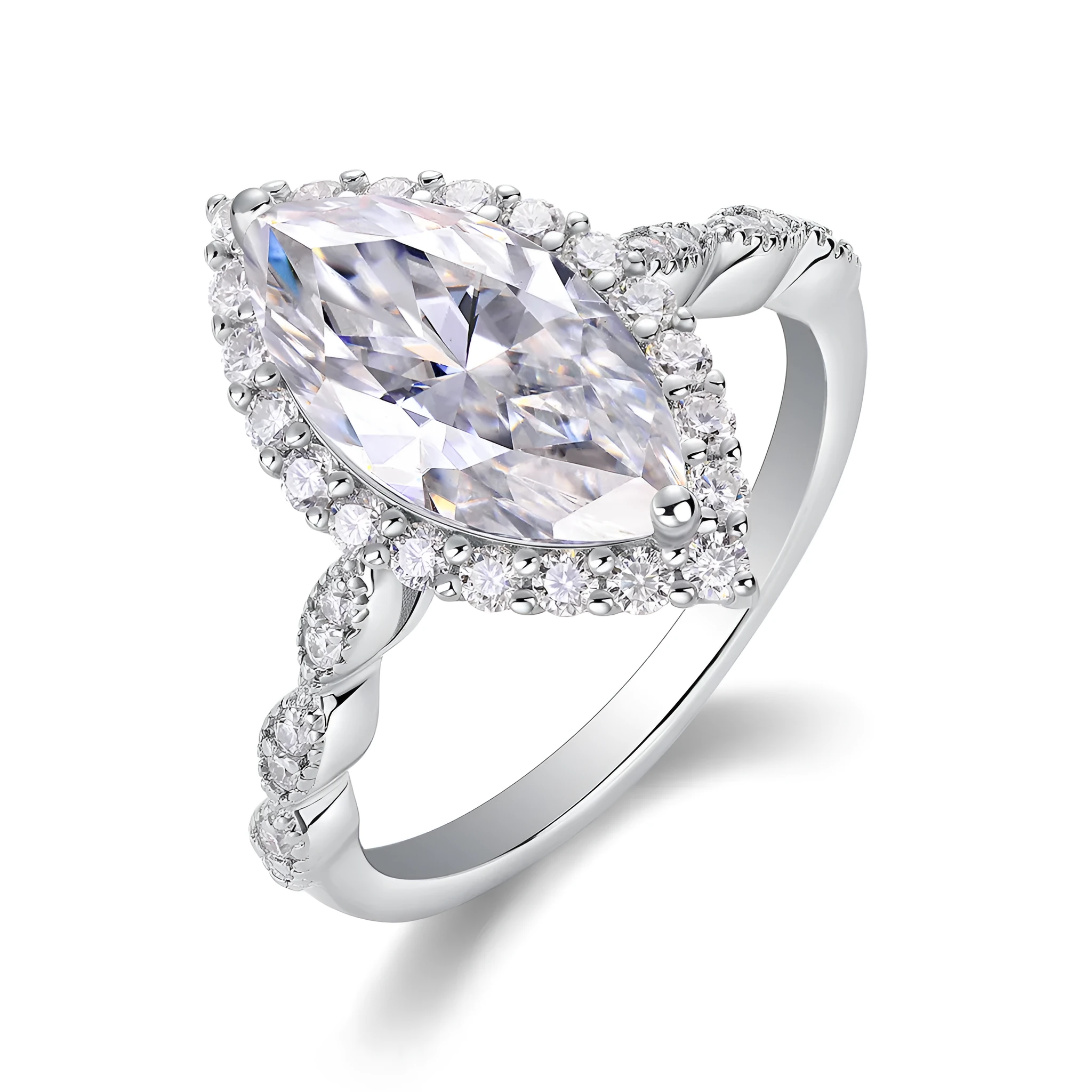 Heartbeat Mirror moissanite wedding ring set in platinum plated S925 silver, horse eye shape, gift box packaging