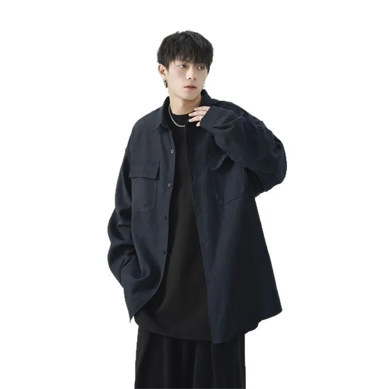 Men's loose large size casual work shirt jacket in blue, synthetic fibre blend, long sleeves