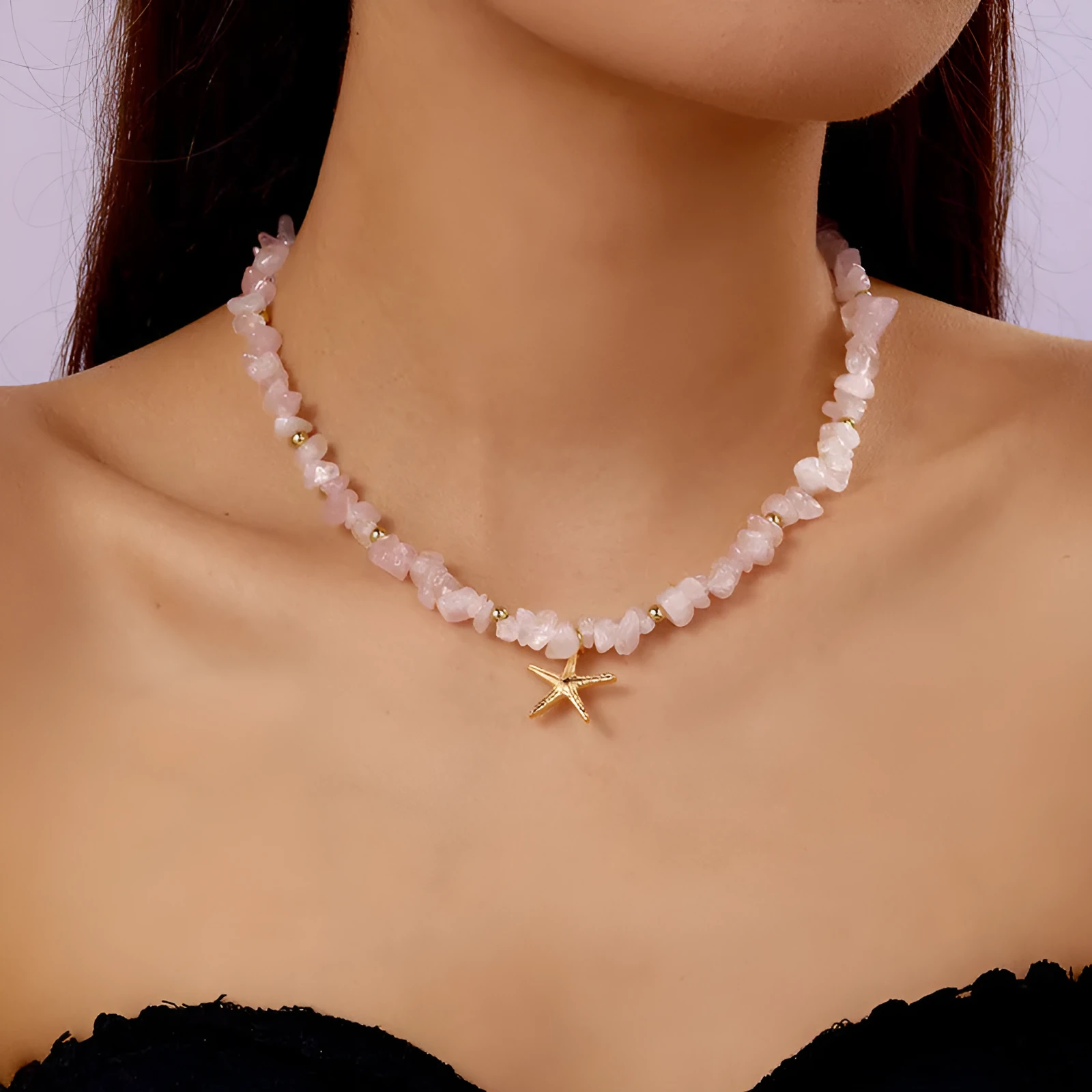 Small gravel starfish pendant necklace choker in pink and white alloy with stone inlay, bohemian geometric style for women