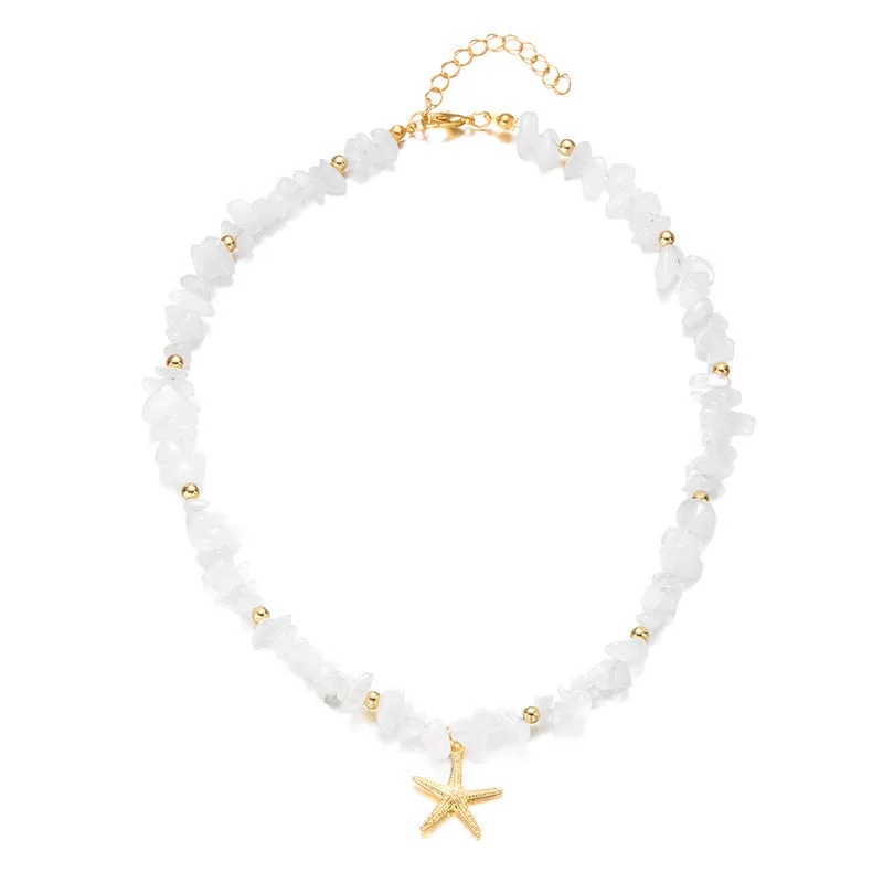 Small gravel starfish pendant necklace choker in pink and white alloy with stone inlay, bohemian geometric style for women