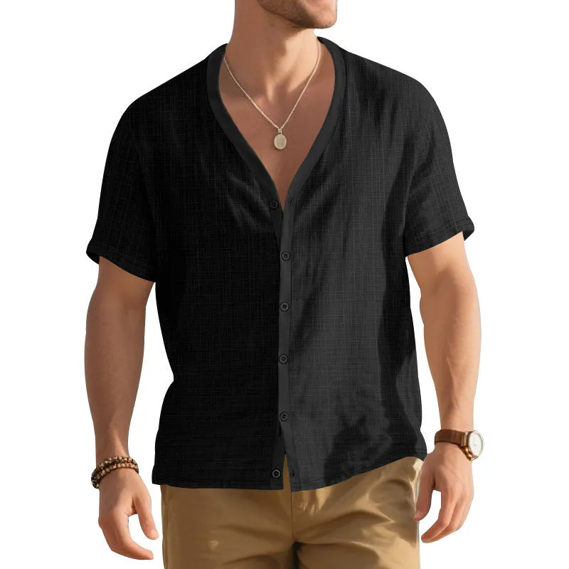 Men's imitation linen bamboo short-sleeved Henley shirt in solid colour, loose casual fit, short sleeves, summer top