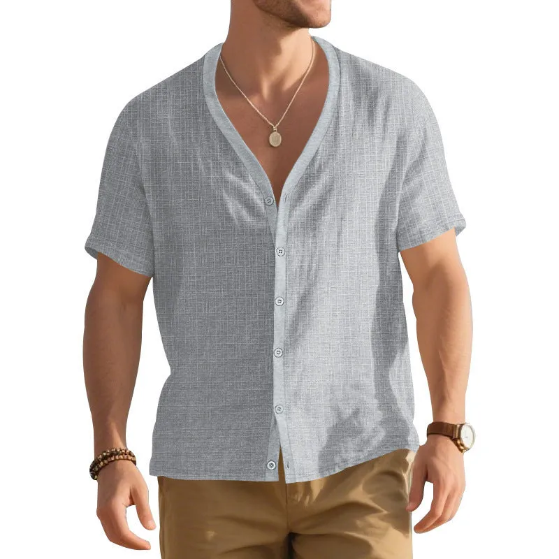 Men's imitation linen bamboo short-sleeved Henley shirt in solid colour, loose casual fit, short sleeves, summer top