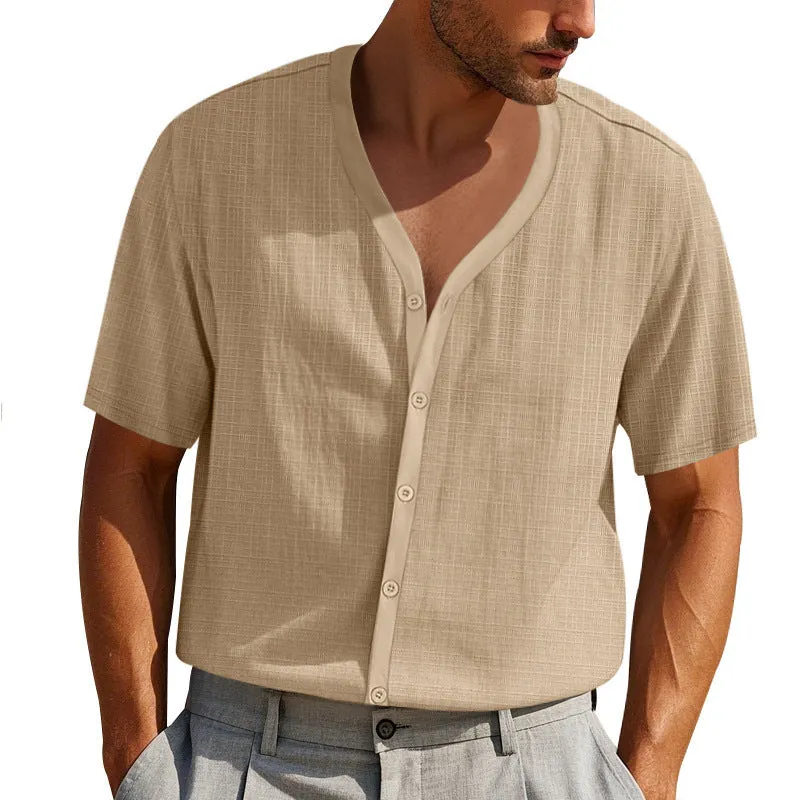 Men's imitation linen bamboo short-sleeved Henley shirt in solid colour, loose casual fit, short sleeves, summer top