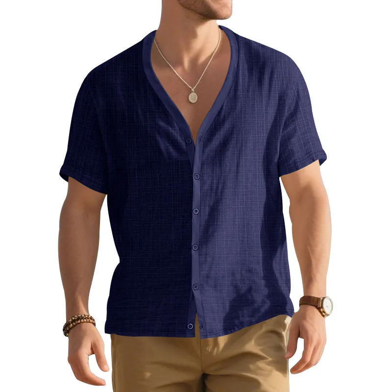 Men's imitation linen bamboo short-sleeved Henley shirt in solid colour, loose casual fit, short sleeves, summer top
