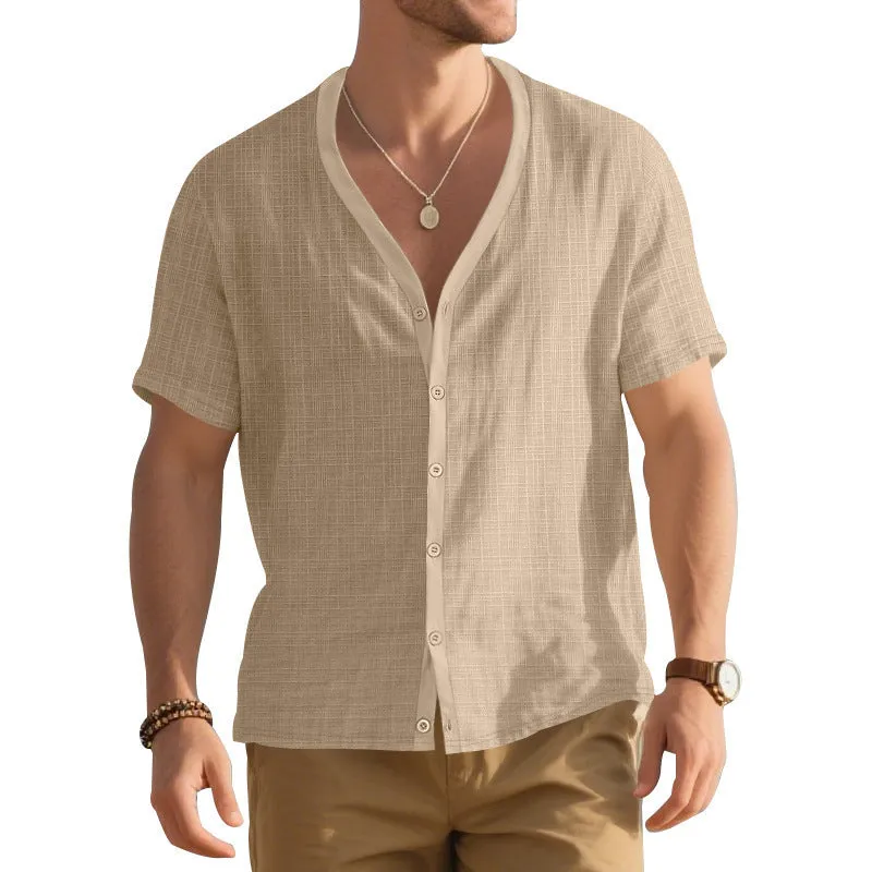 Men's imitation linen bamboo short-sleeved Henley shirt in solid colour, loose casual fit, short sleeves, summer top