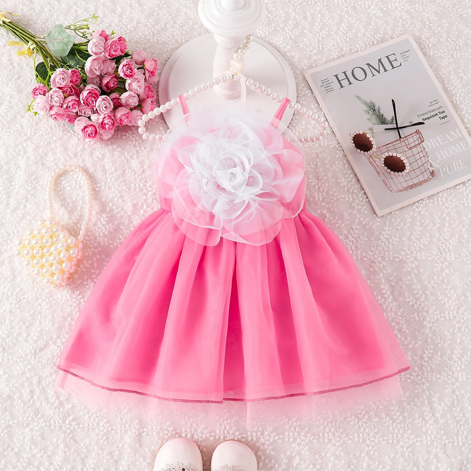 Pink floral strap puffy polyester dress for baby girls suitable for heights 6-9M to 2-3Y