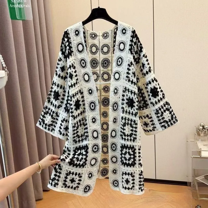 Ladies' loose embroidered thin knit cotton cardigan in black, open front, one size