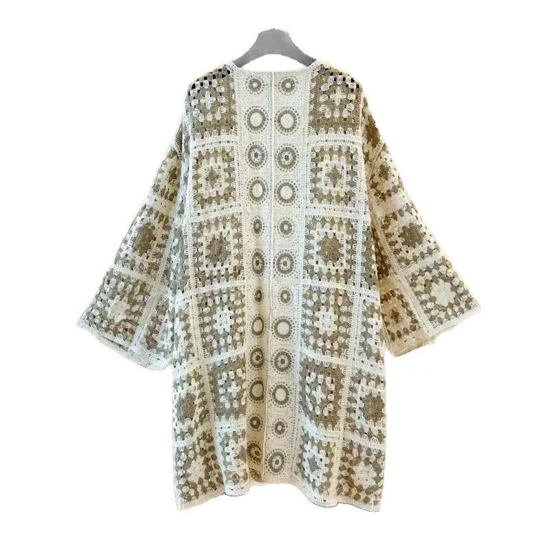 Ladies' loose embroidered thin knit cotton cardigan in black, open front, one size